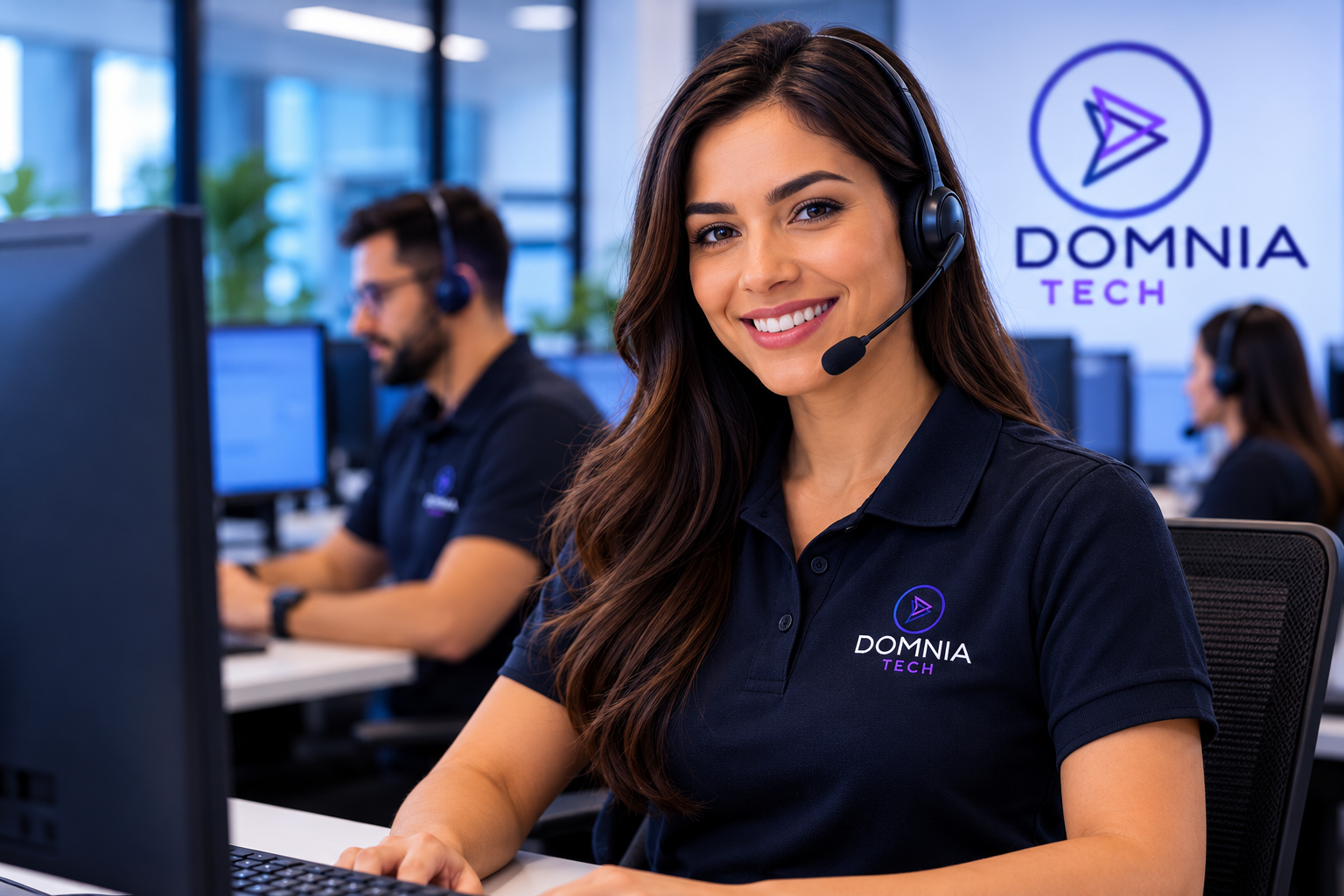 Atendente de suporte técnico com uniforme e logotipo DOMNIA TECH